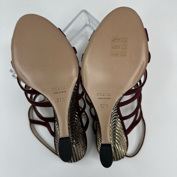 Prada Women's Burgundy Open Toe Strappy Wedge Metallic Sandal EU‎ 37.5 / US 7 - Picture 11 of 17